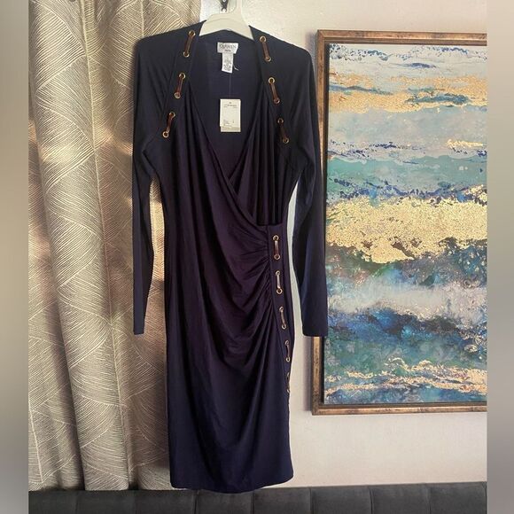 NWT Carmen Marc Valvo  Sheath Dress V-Neck Navy Long Sleeve Size L Stretch - Picture 2 of 11